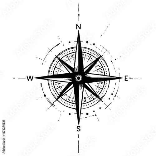 Vintage-style black ink sketch of a navigational compass rose with cardinal directions on isolated transparent background.