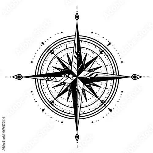 Ornate black and white nautical compass rose with a detailed windrose design and dotted circular frame on isolated transparent background.