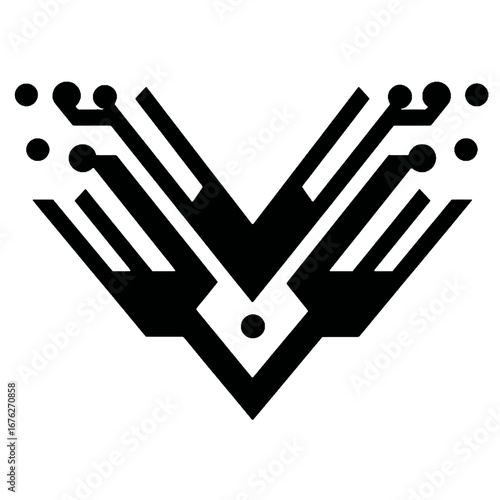 Bold black V-shaped geometric emblem with abstract technological circuit board lines and dots on isolated transparent background.