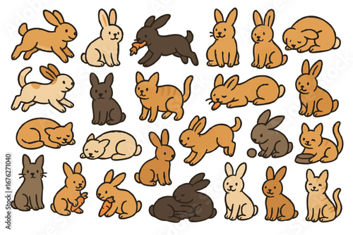 Cartoon Style Rabbits in Multiple Poses Vector Art Collection for Posters and Stickers -  JPEG, PNG, and Illustrator AI file