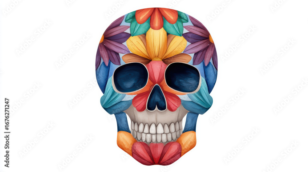 Fototapeta premium A vibrant, decorated skull adorned with colorful flowers, symbolizing the fusion of life and death, often associated with cultural celebrations.