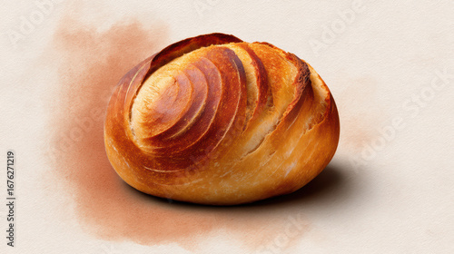 Wallpaper Mural A freshly baked round loaf of bread with a golden-brown crust and spiral patterns, set against a soft, neutral background. Torontodigital.ca