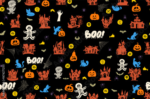 Seamless pattern Halloween. Template Halloween party. Ghost, gloomy castle, pumpkin and bat on a dark background. Cartoon colored pattern. Vector illustration of seamless pattern creepy holiday.