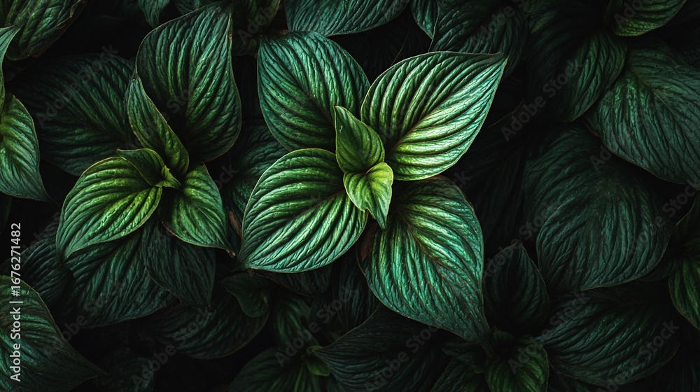 Fototapeta premium Green Variegated Leaf Plant Close Up in Dark Background for Nature and Indoor Decor