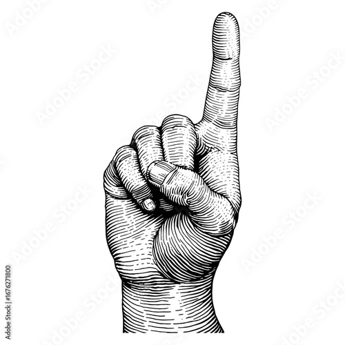 A hand in a vintage woodcut style, pointing upwards to signify importance or direction