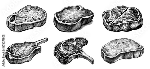 Collection of different cuts of steak in a vintage engraving style, black and white