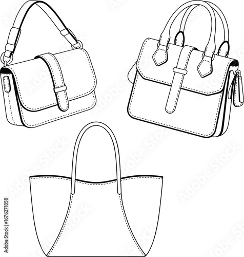 Set of three handbags, crossbody bag, structured satchel and large tote bag designs, fashion accessories collection, black and white line art, detailed vector
