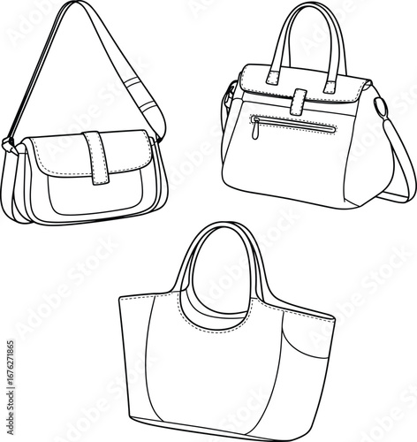Set of three handbags, shoulder bag, structured handbag and tote bag designs, fashion accessories collection, black and white line art, detailed vector illustration
