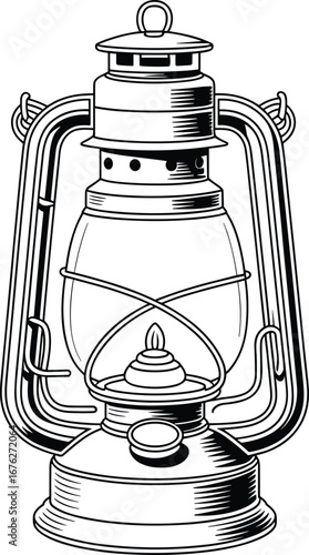 Vintage oil lantern, antique kerosene lamp, classic camping light, old-fashioned portable lighting, black and white line art, detailed vector illustration, rustic emergency illumination device