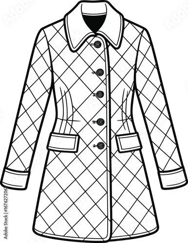 Quilted coat fashion, diamond pattern jacket, button front outerwear, wide collar design, flap pockets, fitted silhouette, black and white line art, detailed vector clothing illustration