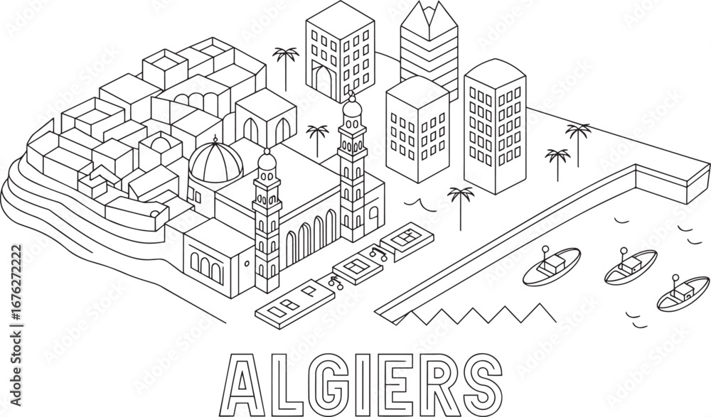 Fototapeta premium Isometric Algiers Cityscape Outline Vector Illustration with Buildings, Mosque, and Harbor