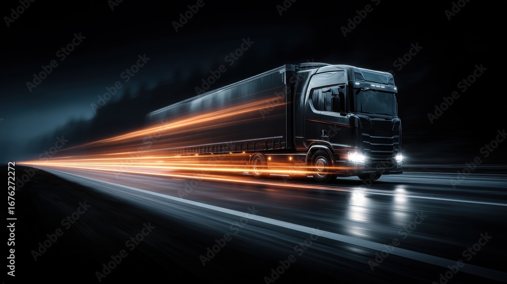 Obraz premium Black semi-truck speeding on a highway at night motion blur effect representing logistics and transportation