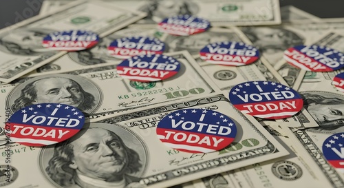 “Voted Today” pins placed on US dollar bills symbolize the intersection of voting, democracy, and economic influence, highlighting the power of civic engagement and financial impact in shaping.