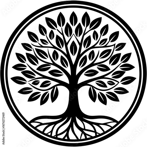 Vector art of a tree of life with roots and branches is contained within a circle, isolated on white background