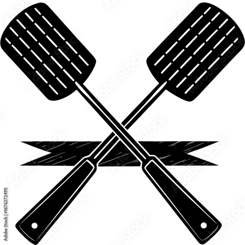 Vector art of crossed spatulas with a banner represent grilling and cooking isolated on white background