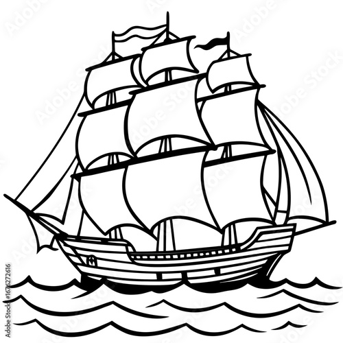 Vector art of a vintage sailing ship gracefully navigates the ocean waves, isolated on white background
