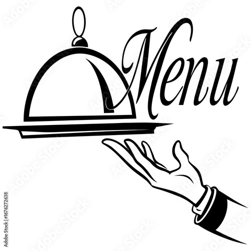 Vector art of a hand presents a menu under a silver platter isolated on white background