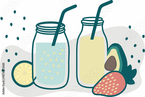 Zestaw zdrowych koktajli smoothie i lemoniady w słoiku i butelce. Świeże owoce, koncepcja diety i zdrowego stylu życia.