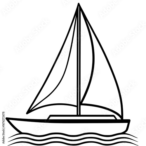 Vector art of a black and white sailboat glides on the water, symbolizing maritime travel and adventure