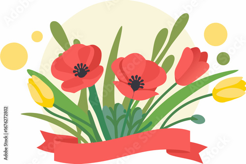 Wiosenny bukiet kwiatów z czerwonymi makami i tulipanami. Ilustracja wektorowa z banerem na tekst