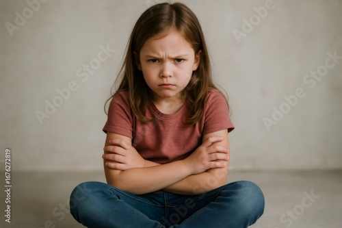Young girl sitting on the floor with arms crossed and a defiant frown on her face, expressing feelings of anger and stubbornness