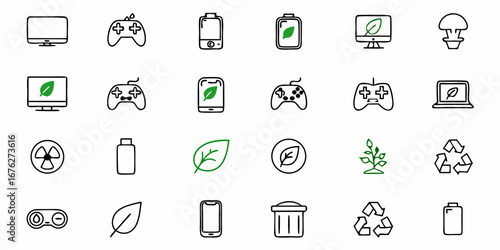 Discover a dynamic collection of modern eco-friendly technology icons blending digital innovation with nature's essence for sustainable business and lifestyle concepts