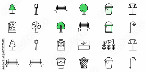 Charming collection of simple park icons including trees, benches, street lamps, trash cans, and decorative planters evoking a peaceful urban oasis for your design projects.