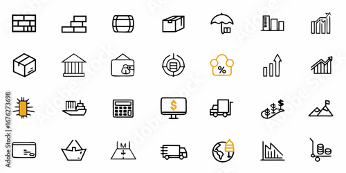 Dynamic business icons showcase growth, finance, logistics, and success across diverse industries with modern, clean line art for impactful presentations and digital projects.