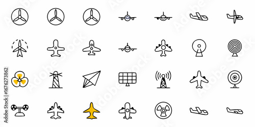 Dynamic aviation and clean energy icons capture modern transport and sustainable power solutions for innovative projects and presentations.