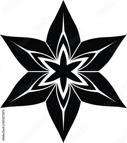 Black flower with six petals and a black center isolated on white background