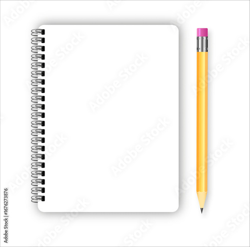 Realistic metal spiral vector blank notebook and pencil isolated on white