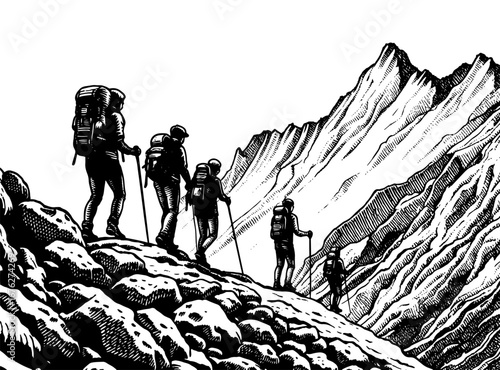 A group of hikers climbs a mountain trail with mountains in the background.