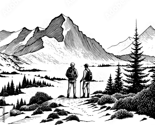 Two hikers on a hill in an adventurous mood looking at a mountain valley view