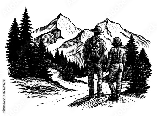 Romantic hiking couple holding hands looking at mountain range view