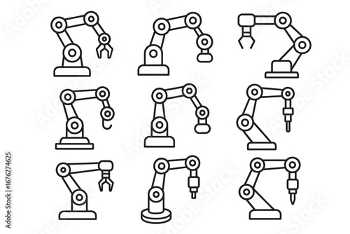 Vector set of nine industrial robotic arm icons in line art style