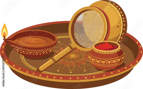 vibrant vector illustration of a traditional Karva Chauth puja thali, featuring a decorative oil lamp, a channi (sieve), and a karva (pot) with sindoor, celebrating a sacred Hindu ritual.