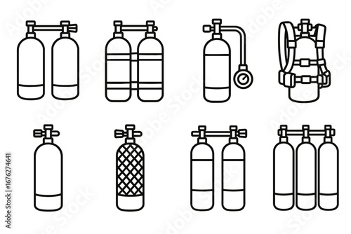 Diving tank icons set: equipment, safety gear, underwater adventure