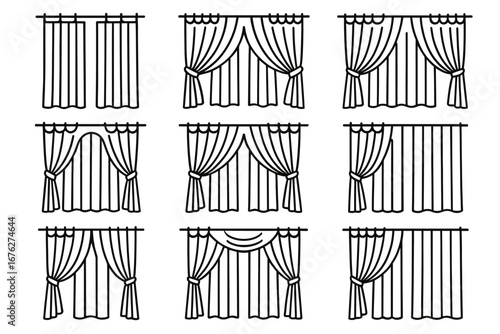 Collection of nine different curtain designs in outline style