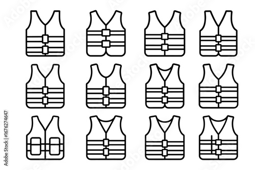 Set of twelve life jacket icons in black outline style
