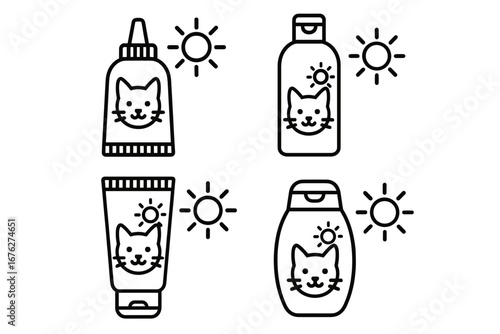 Cat-themed sunscreen bottles with sun icons in simple line art style