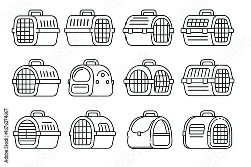 Various types of pet carriers and crates icon set