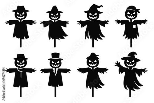 Collection of eight silhouette scarecrows with halloween themes