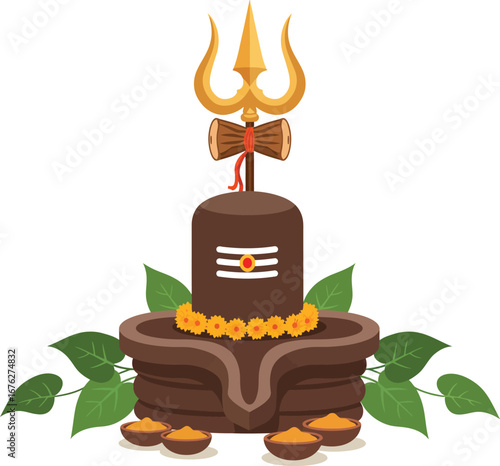 highly detailed vector art illustration of the sacred Hindu Lord Shiva Lingam, adorned with a golden Trishul and Damaru, celebrating religious worship and divine spiritual tradition.