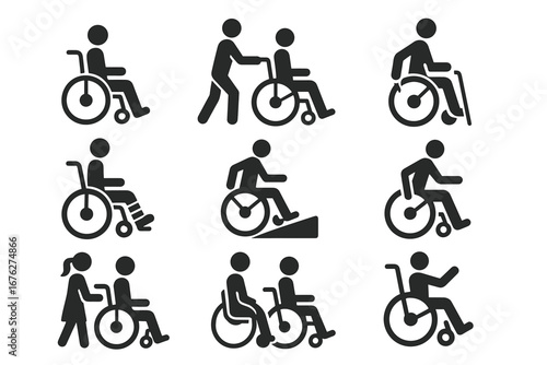 Wheelchair icons set illustrating accessibility and support