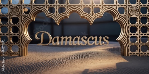 Damascus City Name with Islamic Geometric Archway, Ornamental Shadows, Golden Arabic Architecture, 3D Render