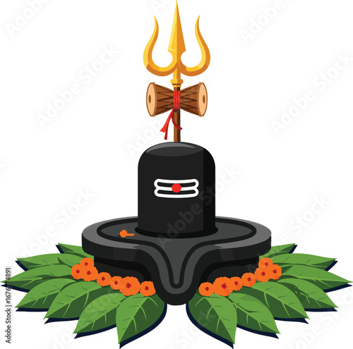 highly detailed vector art illustration of the sacred Hindu Lord Shiva Lingam, adorned with a golden Trishul and Damaru, celebrating religious worship and divine spiritual tradition.