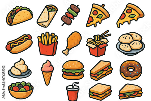 Assorted cartoon fast food icons featuring pizza, burger, tacos, and more