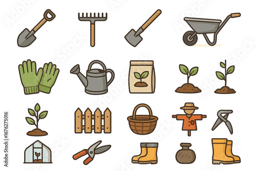 Gardening tools and plants icons including shovel, rake, watering can, and seedlings