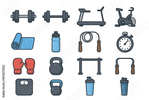 Collection of various fitness equipment icons for gym and exercise