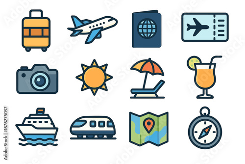 Travel and vacation icons set with suitcase, airplane, passport, and camera